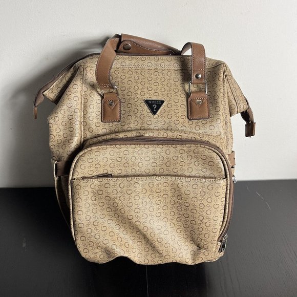 Guess | Bags | Guess Diaper Bag Backpack Faux Leather Tanbrown Allover Logo  Print | Poshmark